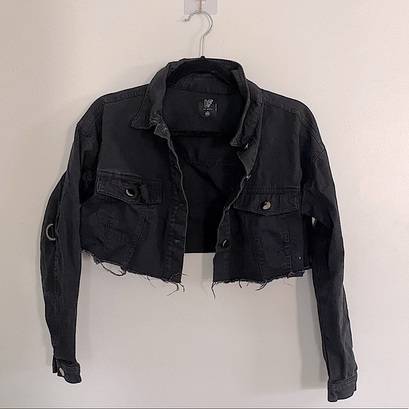 LF The Brand Crop Raw Hem Black Denim Jacket Punk size X-Small - Picture 3 of 11